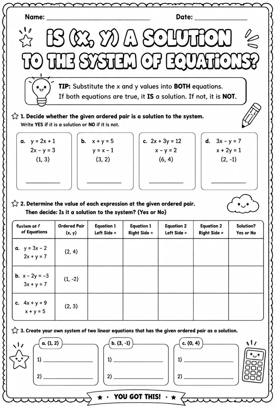 Is (x, y) a solution to the system of equations? — free printable Algebra 2 math worksheet