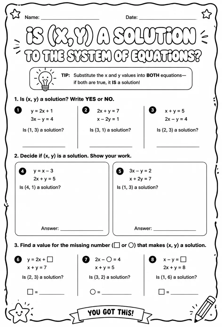 Is (x, y) a solution to the system of equations? — free printable Grade 8 math worksheet