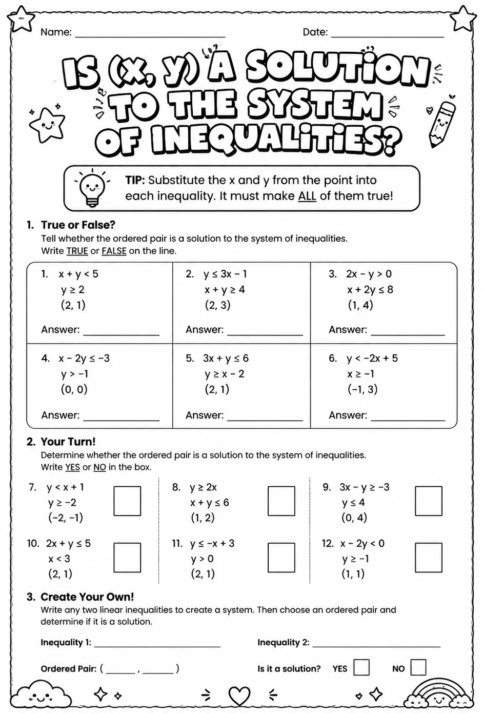 Is (x, y) a solution to the system of inequalities? — free printable Algebra 2 math worksheet