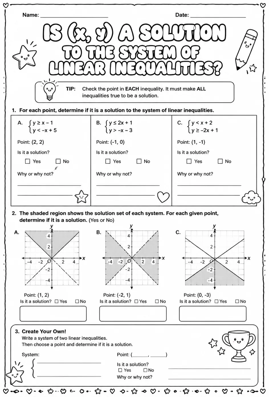 Is (x, y) a solution to the system of linear inequalities? — free printable Algebra 1 math worksheet