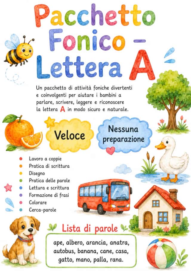 Italian Letter A Phonics Worksheets Pack