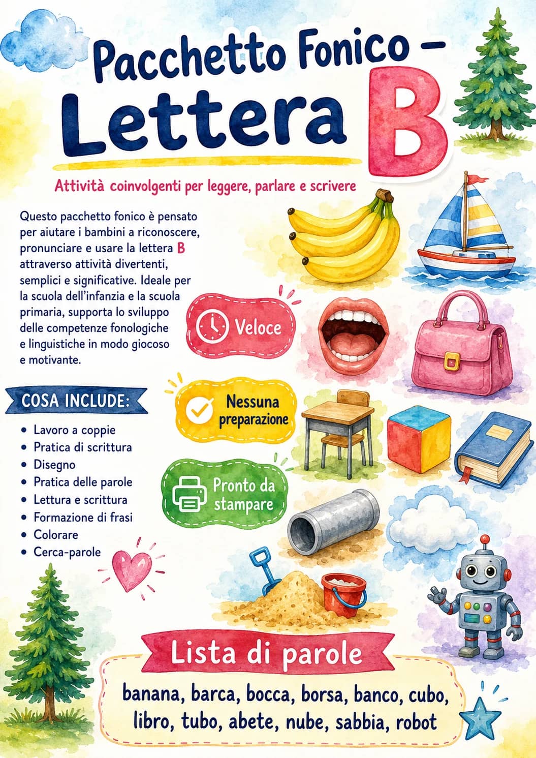 Italian Letter B Phonics Worksheets Pack printable worksheet pack preview from KiwiBee