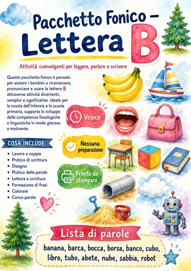 Italian Letter B Phonics Worksheets Pack