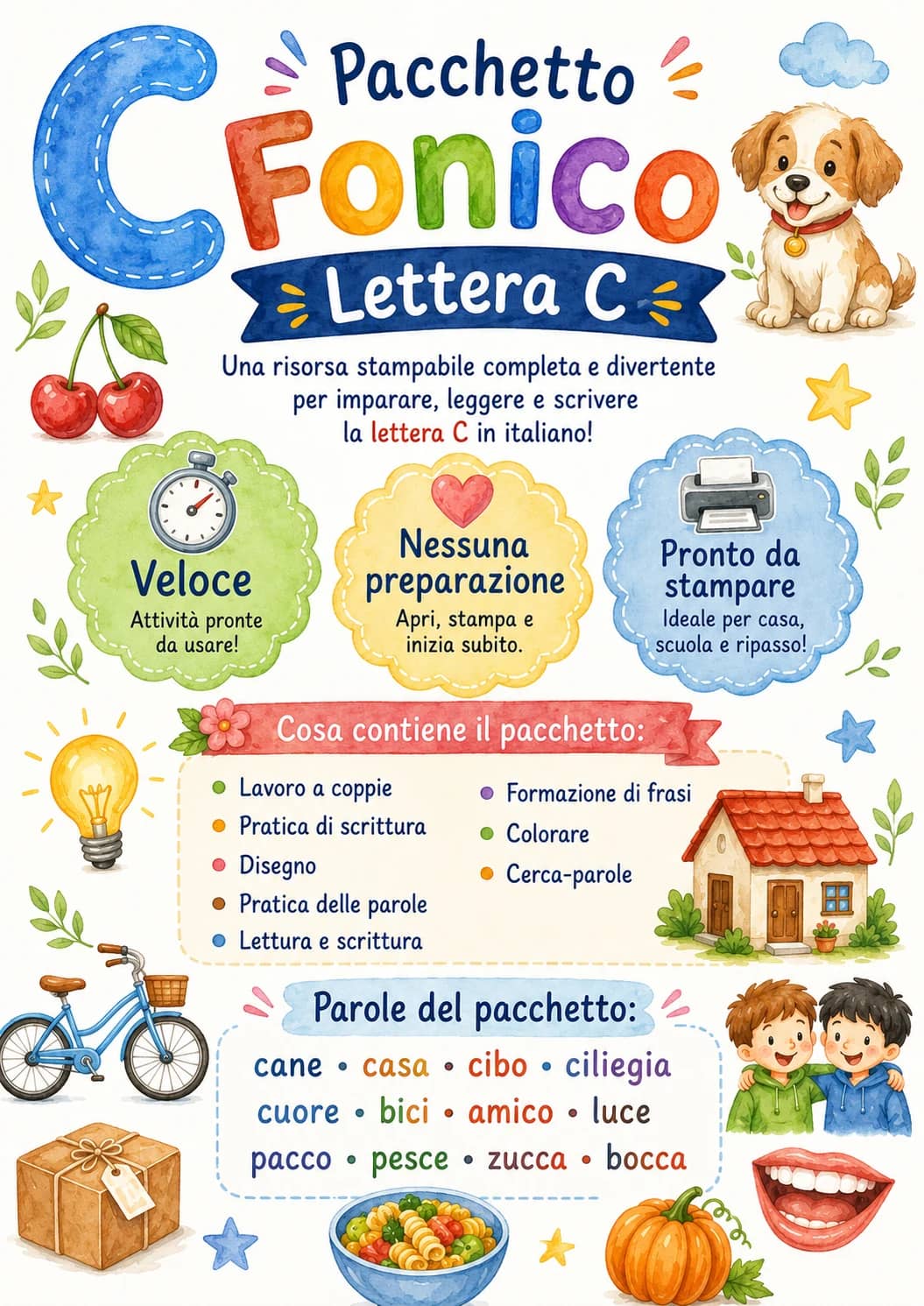 Italian Letter C Phonics Worksheets Pack printable worksheet pack preview from KiwiBee