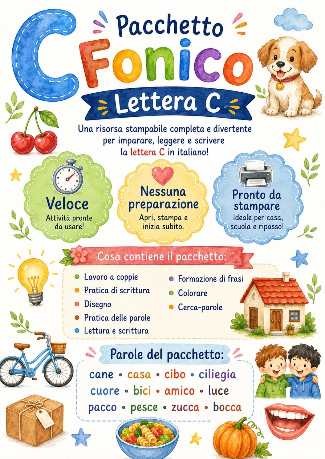 Italian Letter C Phonics Worksheets Pack printable worksheet pack preview from KiwiBee