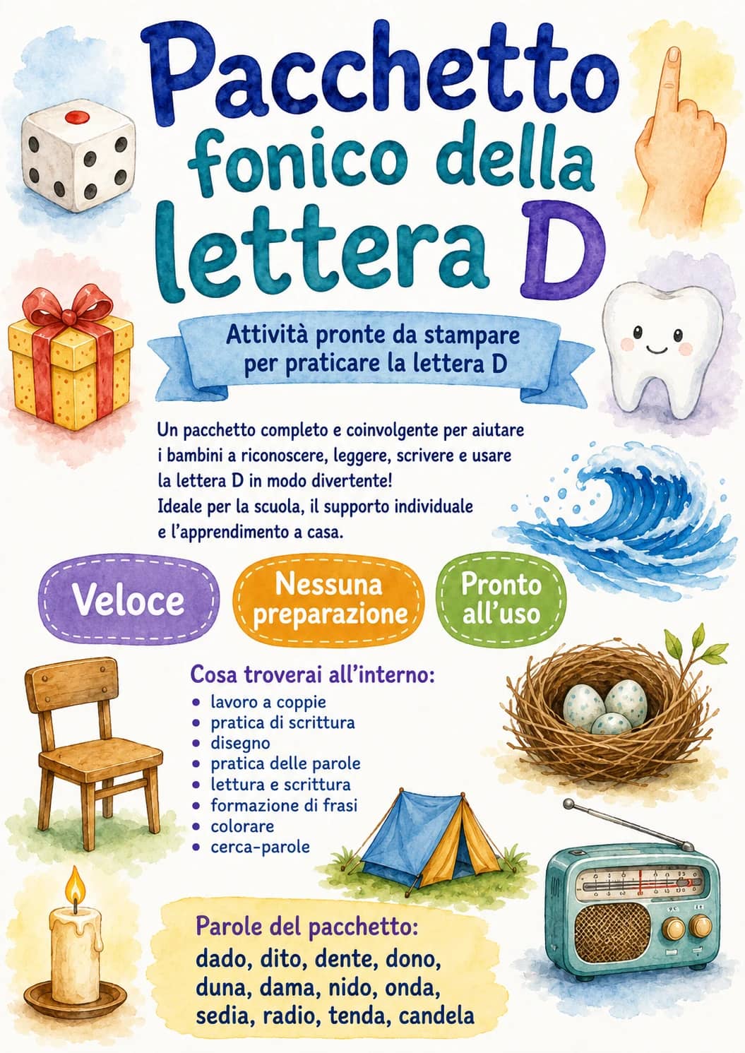 Italian Letter D Phonics Worksheets Pack printable worksheet pack preview from KiwiBee