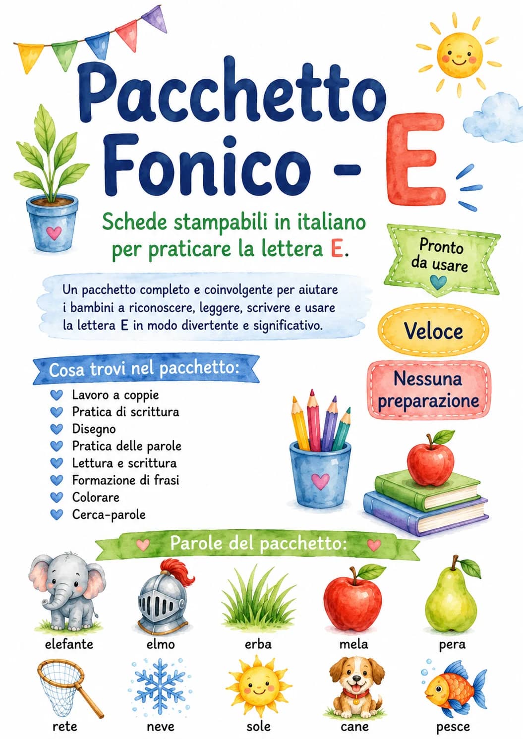 Italian Letter E Phonics Worksheets Pack printable worksheet pack preview from KiwiBee