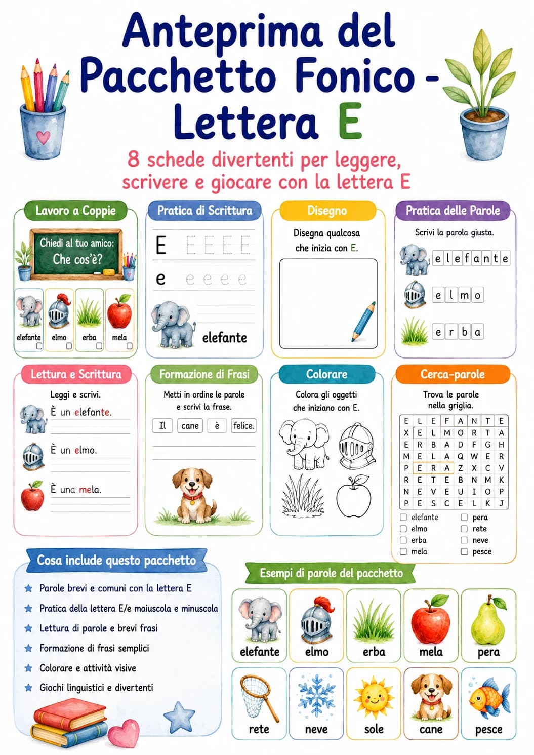Italian Letter E Phonics Worksheets Pack page 2 printable worksheet preview