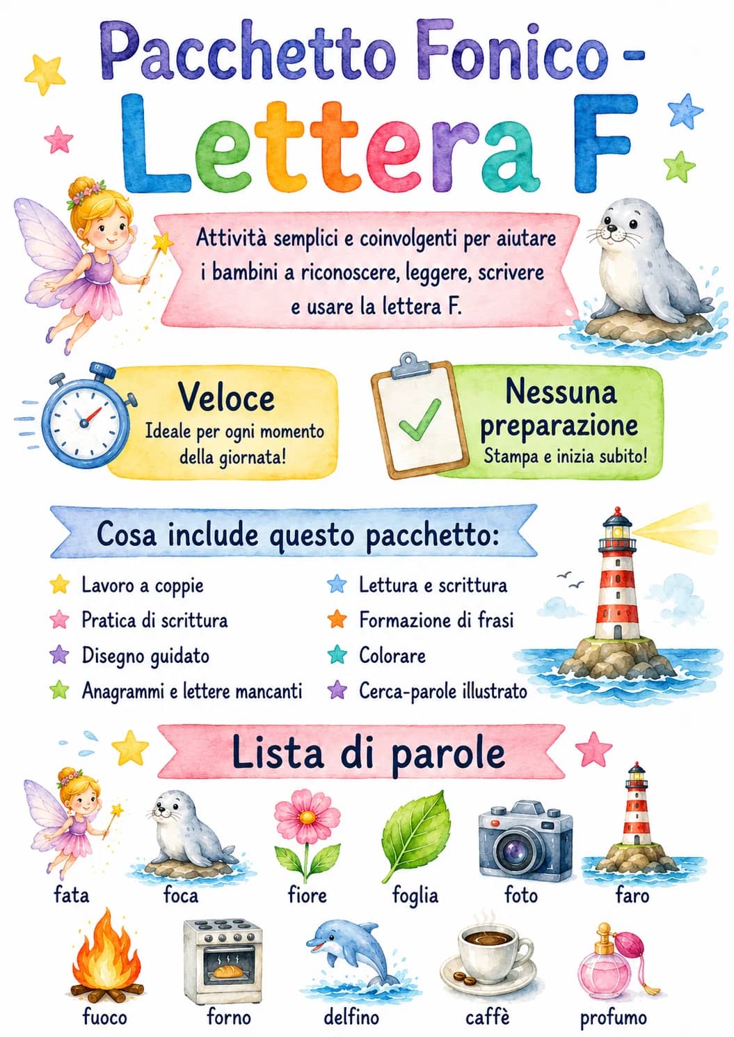 Italian Letter F Phonics Worksheets Pack printable worksheet pack preview from KiwiBee