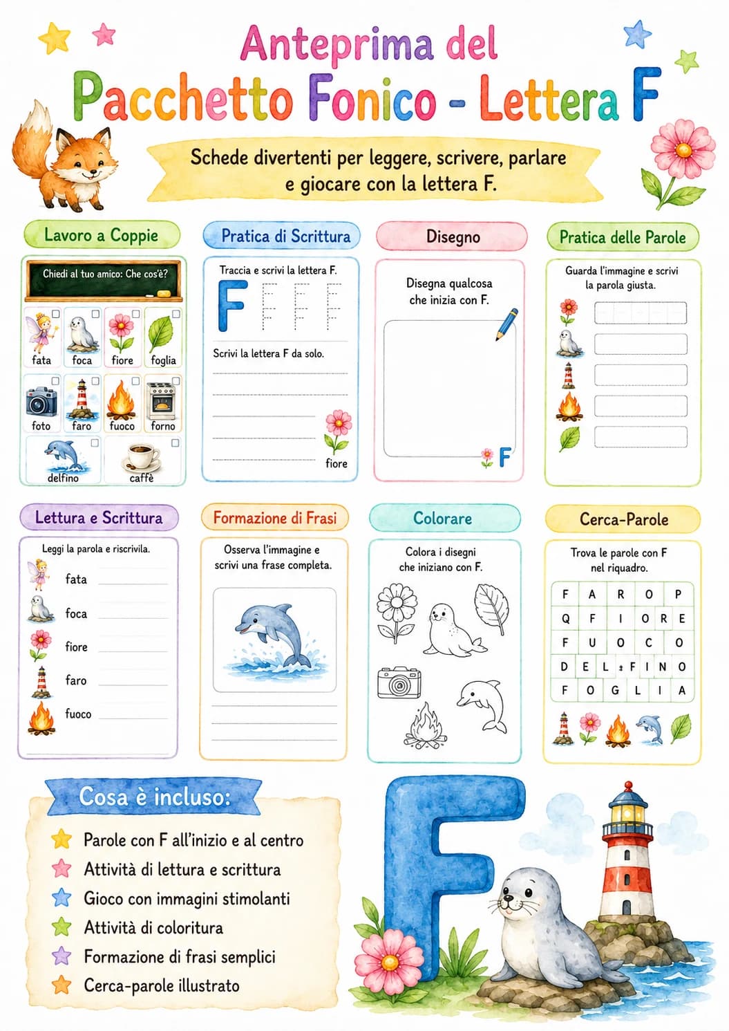 Italian Letter F Phonics Worksheets Pack page 2 printable worksheet preview