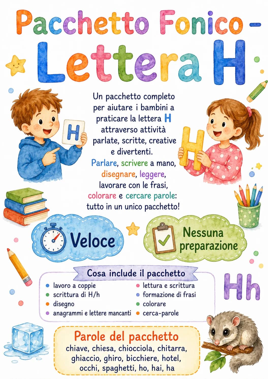 Italian Letter H Phonics Worksheets Pack printable worksheet pack preview from KiwiBee