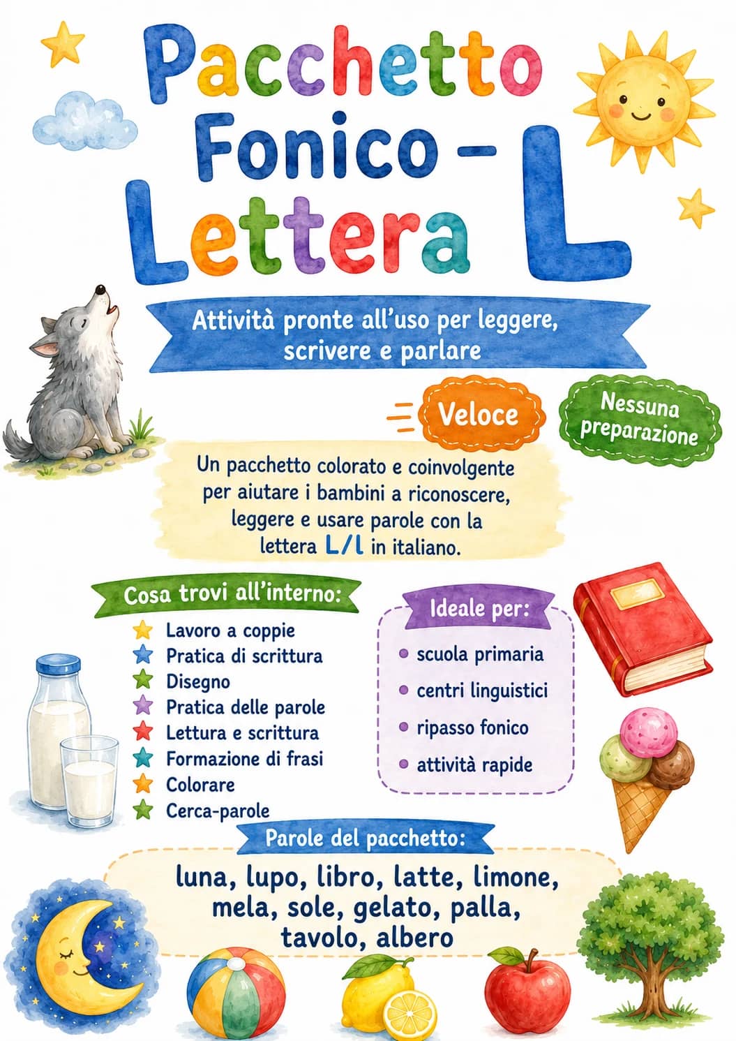 Italian Letter L Phonics Worksheets Pack printable worksheet pack preview from KiwiBee