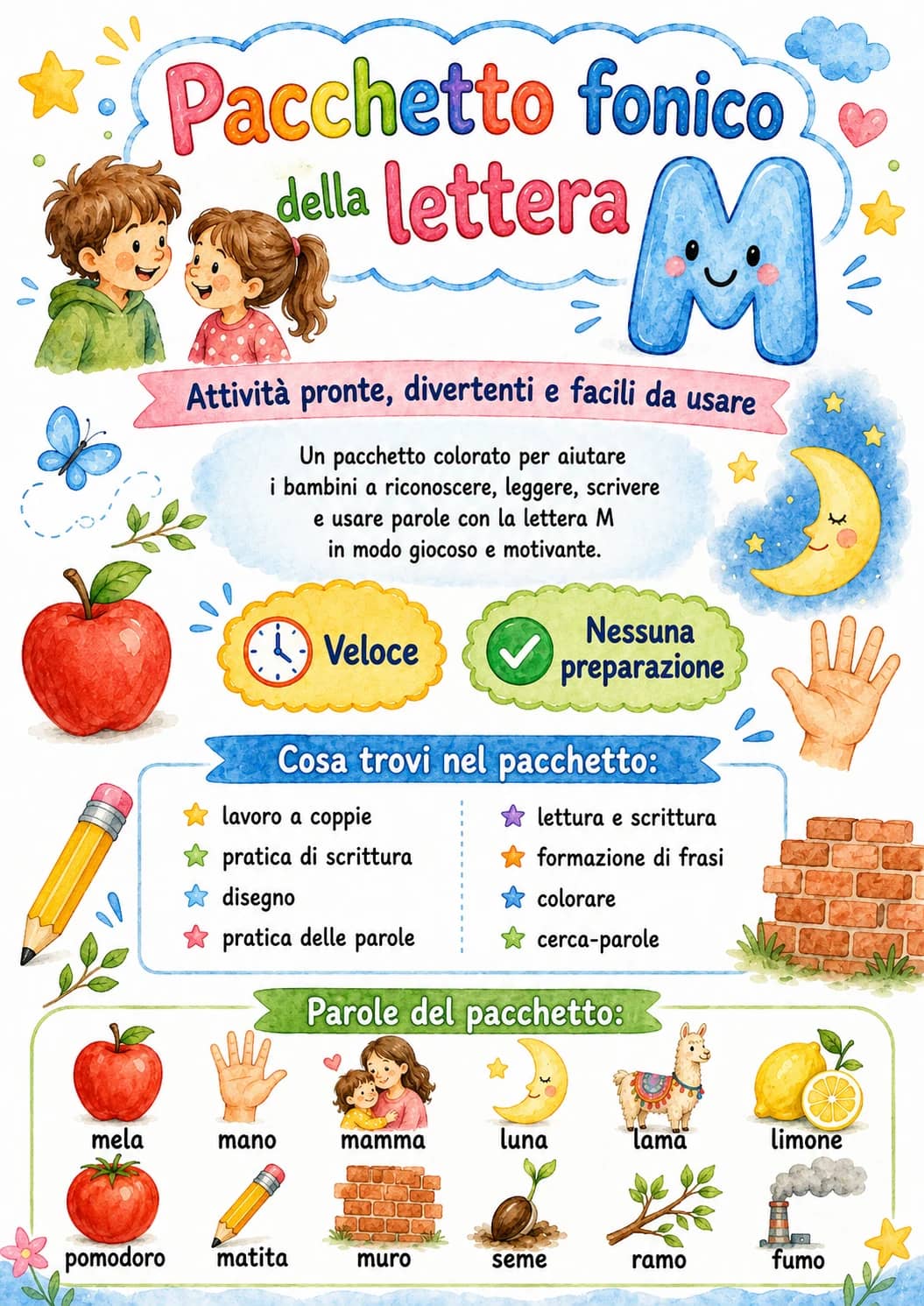 Italian Letter M Phonics Worksheets Pack printable worksheet pack preview from KiwiBee