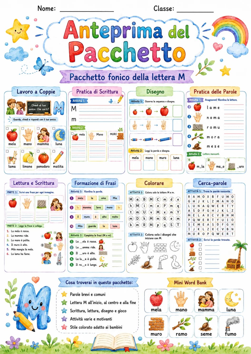 Italian Letter M Phonics Worksheets Pack page 2 printable worksheet preview