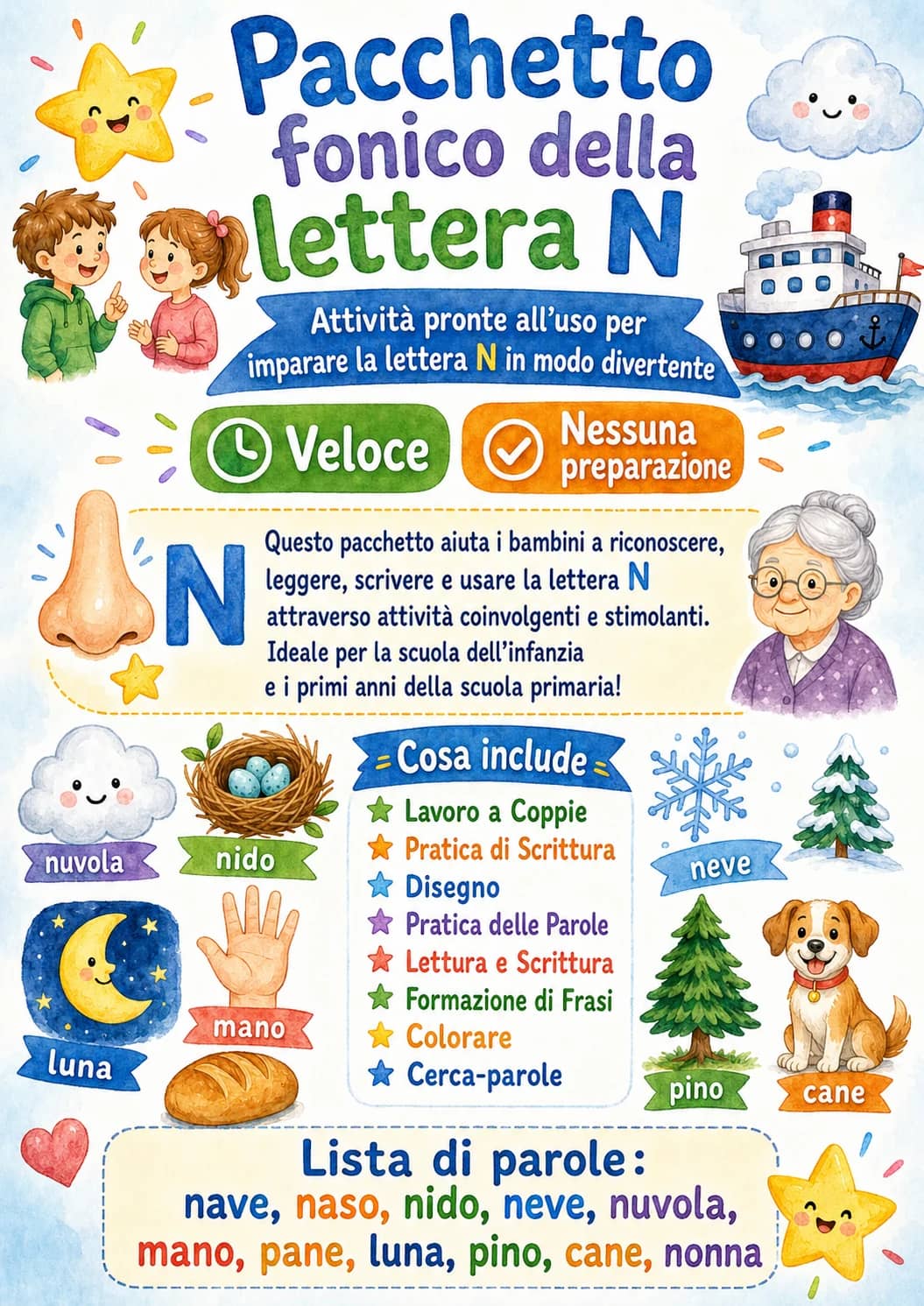 Italian Letter N Phonics Worksheets Pack printable worksheet pack preview from KiwiBee