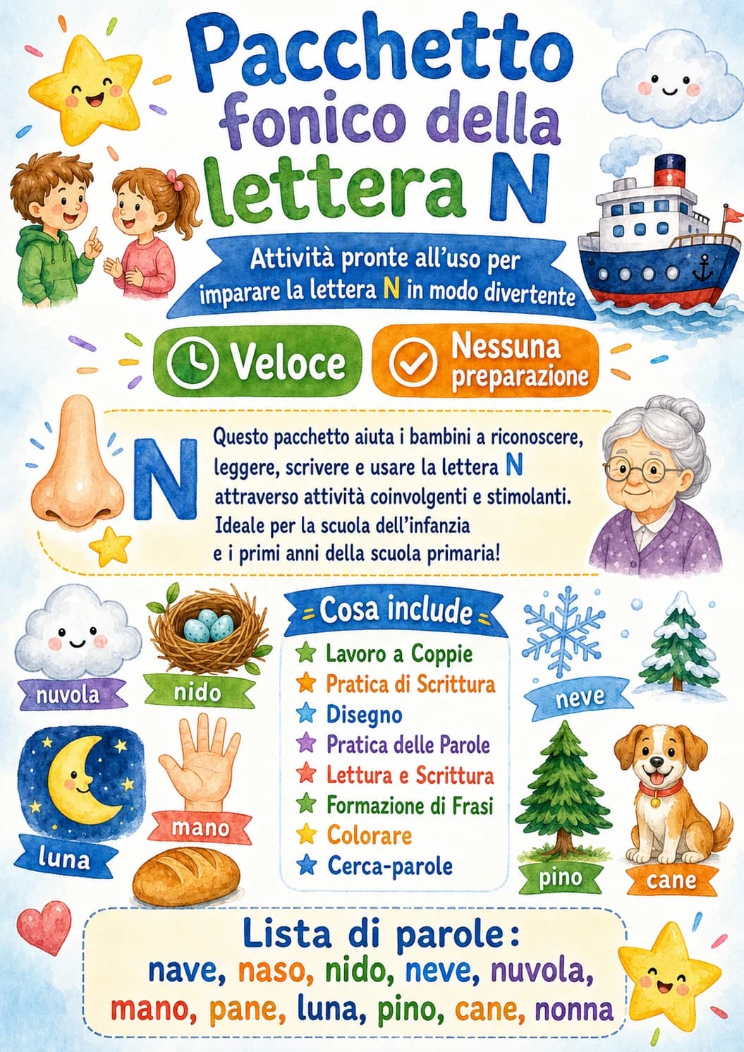 Italian Letter N Phonics Worksheets Pack printable worksheet pack preview from KiwiBee