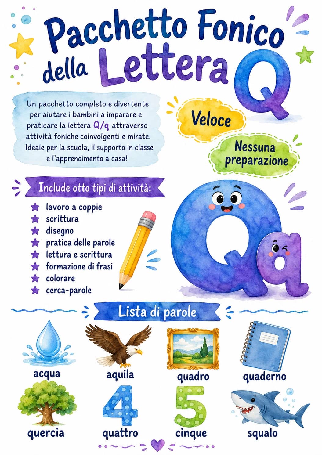 Italian Letter Q Phonics Worksheets Pack printable worksheet pack preview from KiwiBee