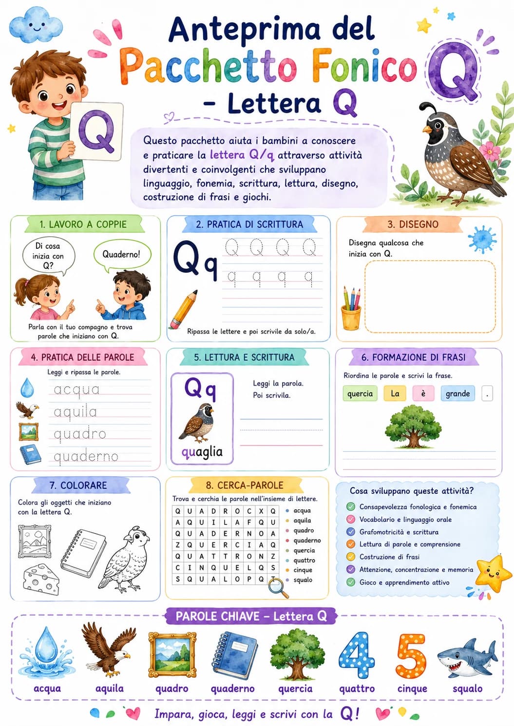Italian Letter Q Phonics Worksheets Pack page 2 printable worksheet preview