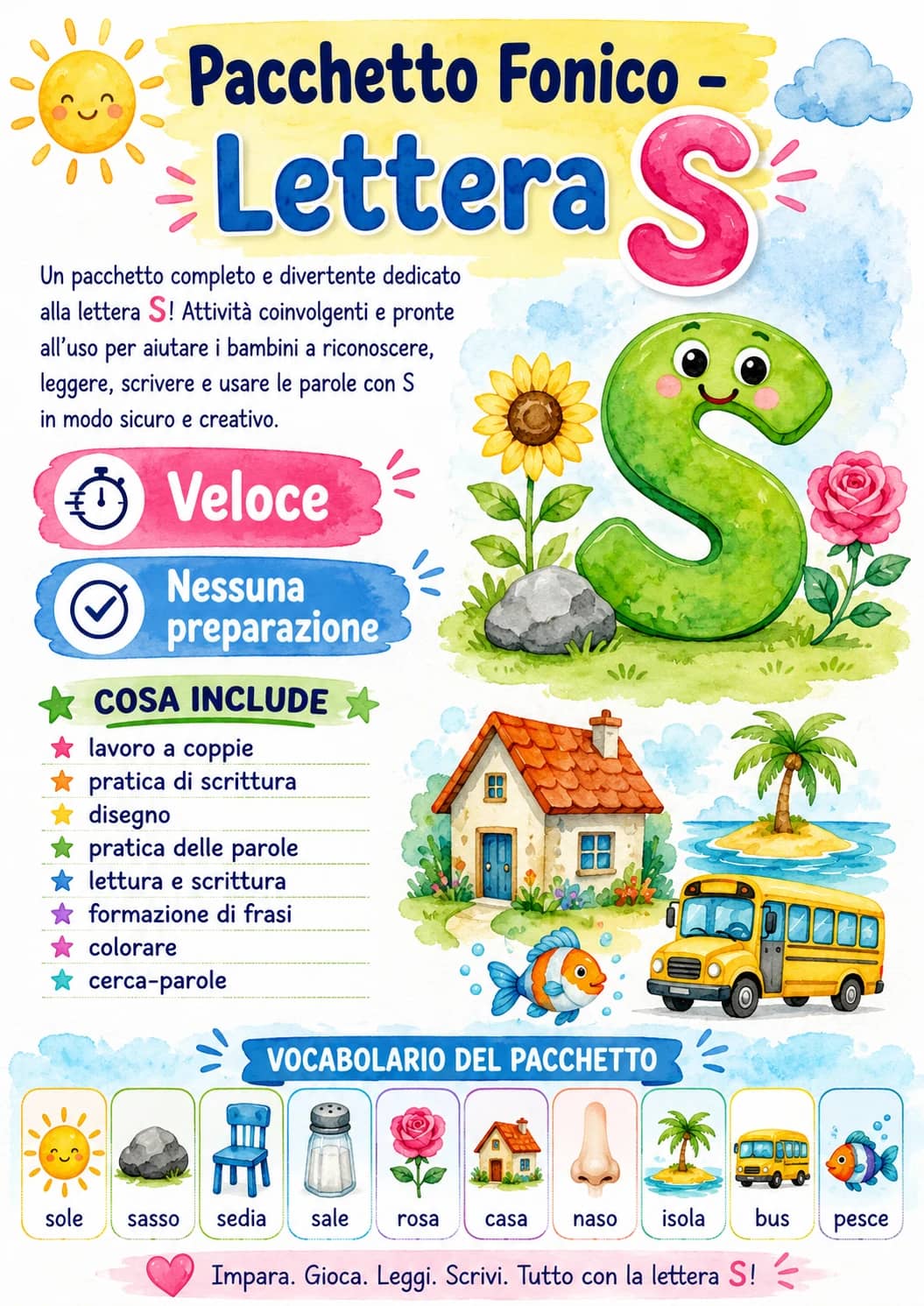 Italian Letter S Phonics Worksheets Pack printable worksheet pack preview from KiwiBee