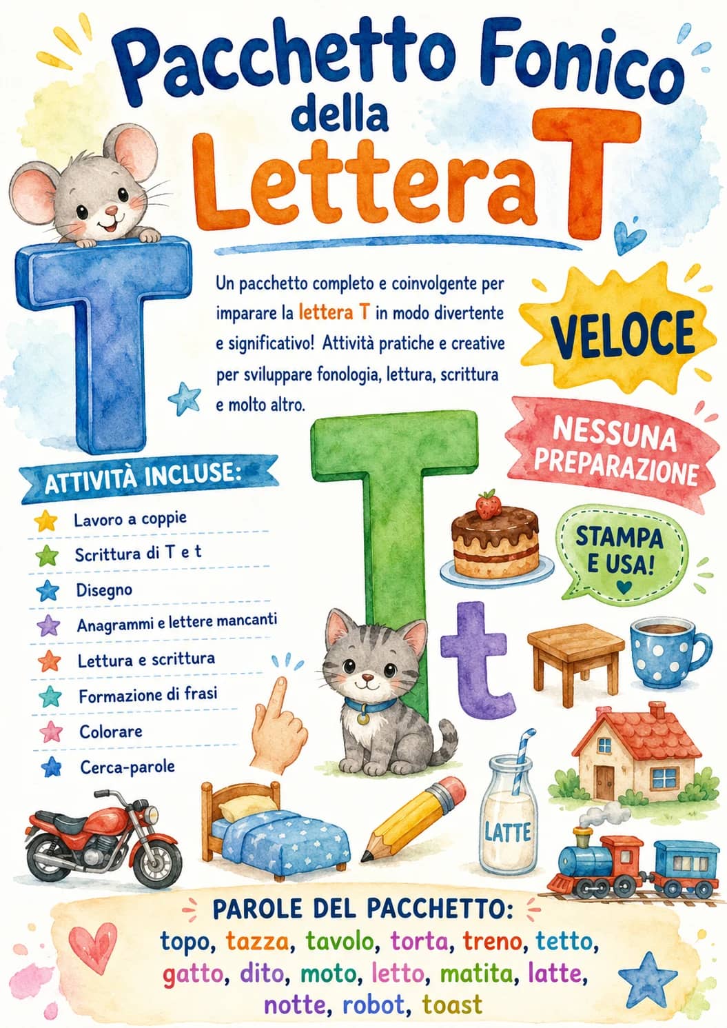 Italian Letter T Phonics Worksheets Pack printable worksheet pack preview from KiwiBee