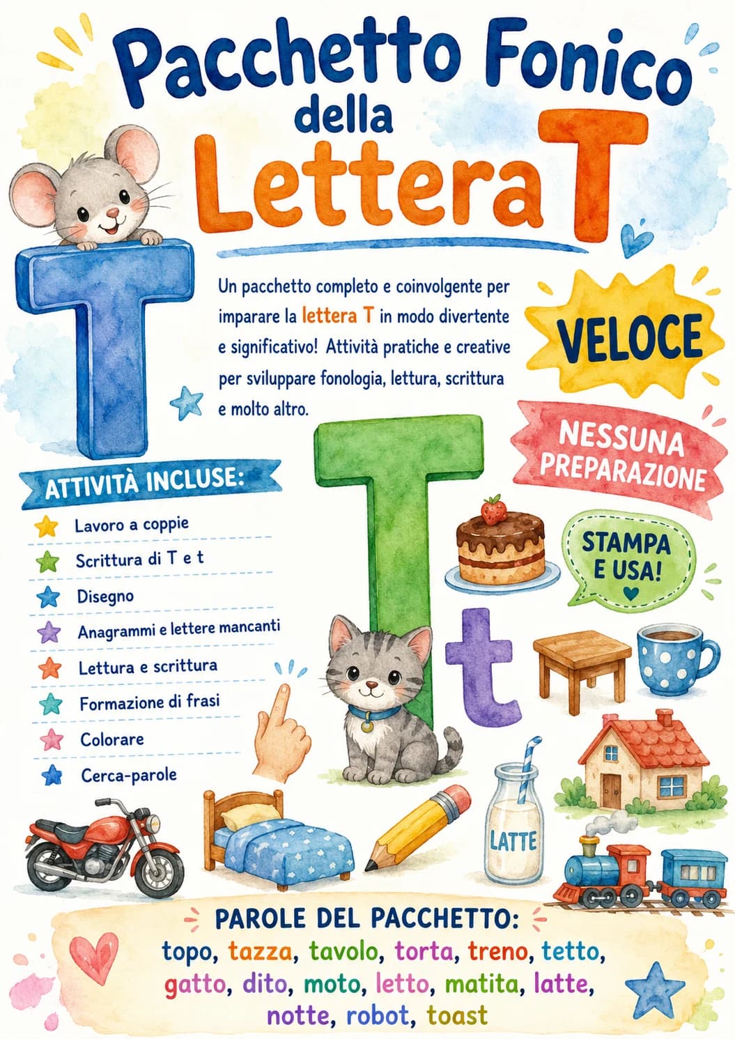 Italian Letter T Phonics Worksheets Pack printable worksheet pack preview from KiwiBee