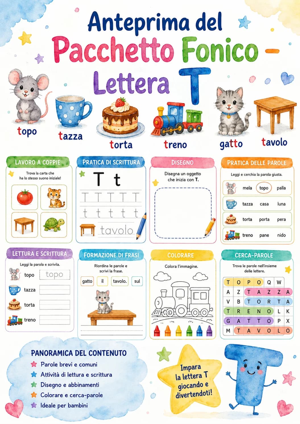 Italian Letter T Phonics Worksheets Pack page 2 printable worksheet preview