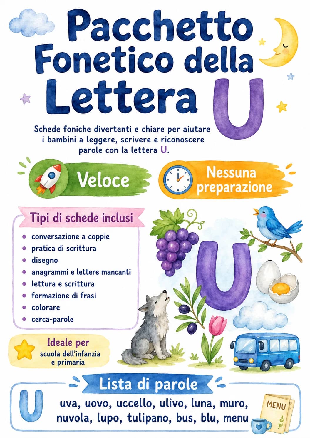Italian Letter U Phonics Worksheets Pack printable worksheet pack preview from KiwiBee