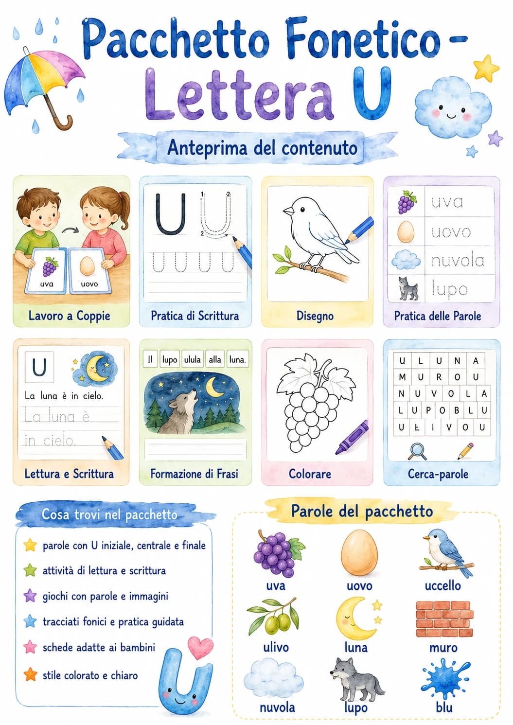 Italian Letter U Phonics Worksheets Pack page 2 printable worksheet preview