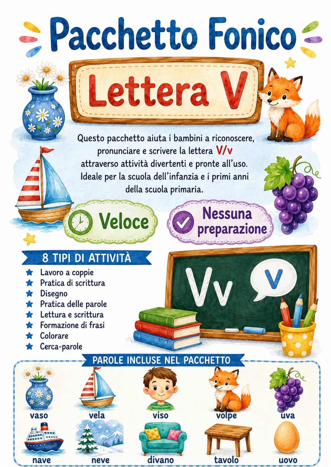 Italian Letter V Phonics Worksheets Pack printable worksheet pack preview from KiwiBee