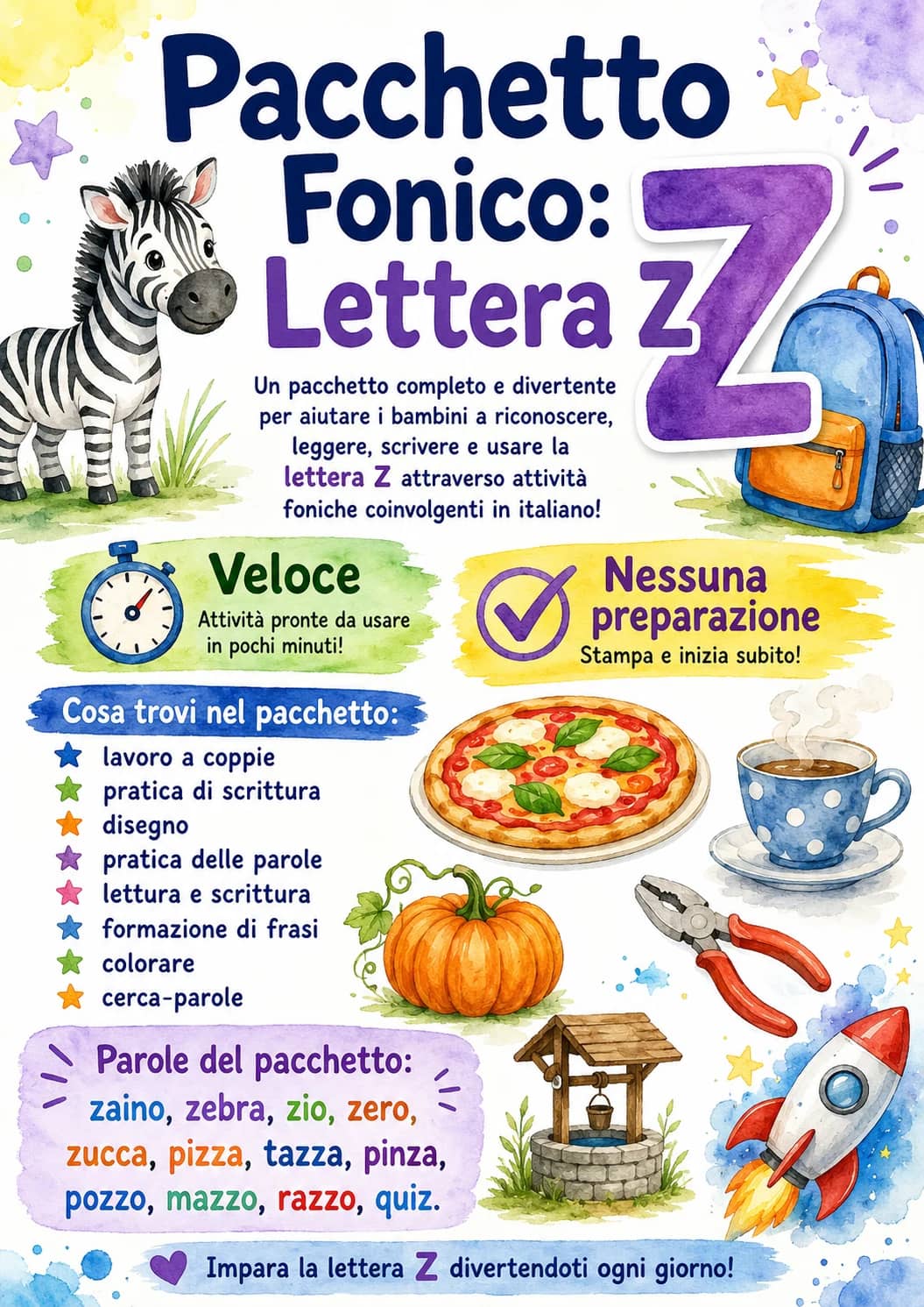 Italian Letter Z Phonics Worksheets Pack printable worksheet pack preview from KiwiBee