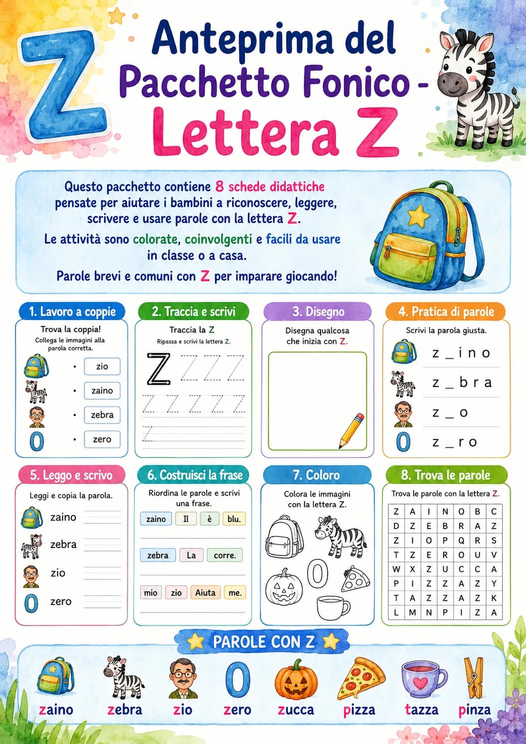 Italian Letter Z Phonics Worksheets Pack page 2 printable worksheet preview