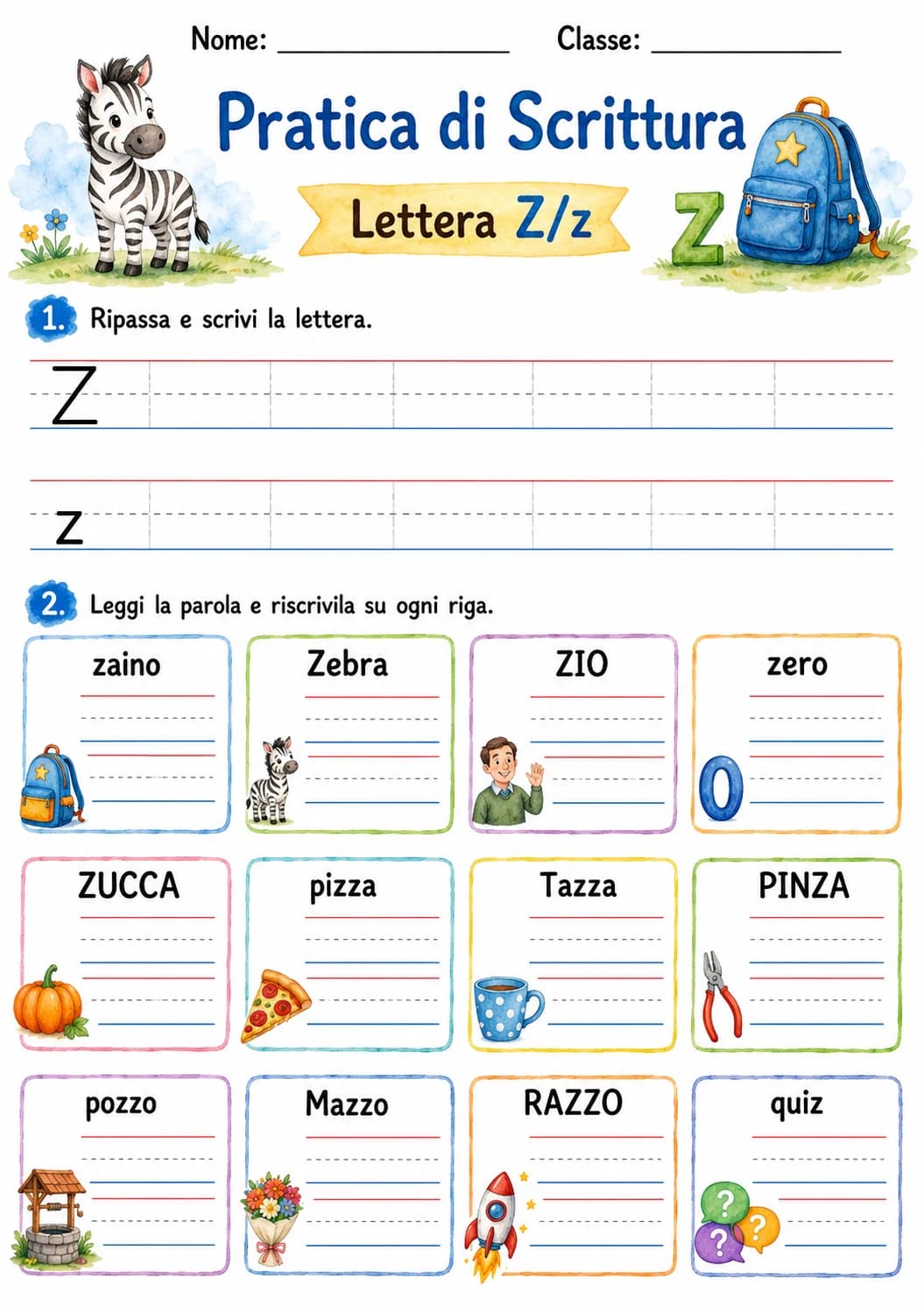 Italian Letter Z Phonics Worksheets Pack page 4 printable worksheet preview