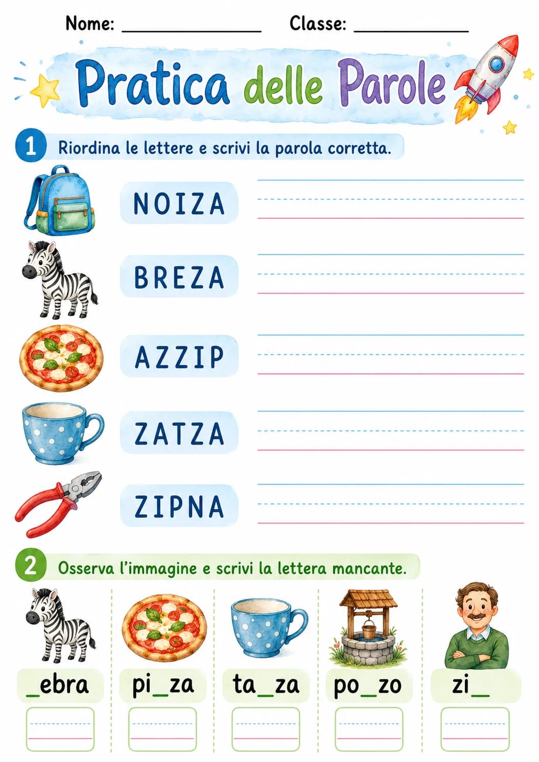 Italian Letter Z Phonics Worksheets Pack page 6 printable worksheet preview