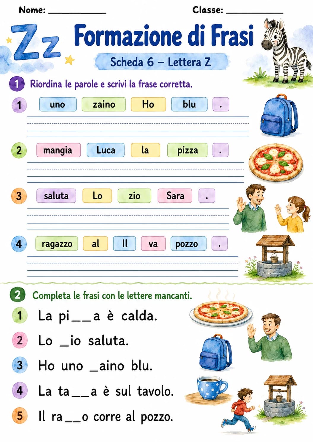 Italian Letter Z Phonics Worksheets Pack page 8 printable worksheet preview