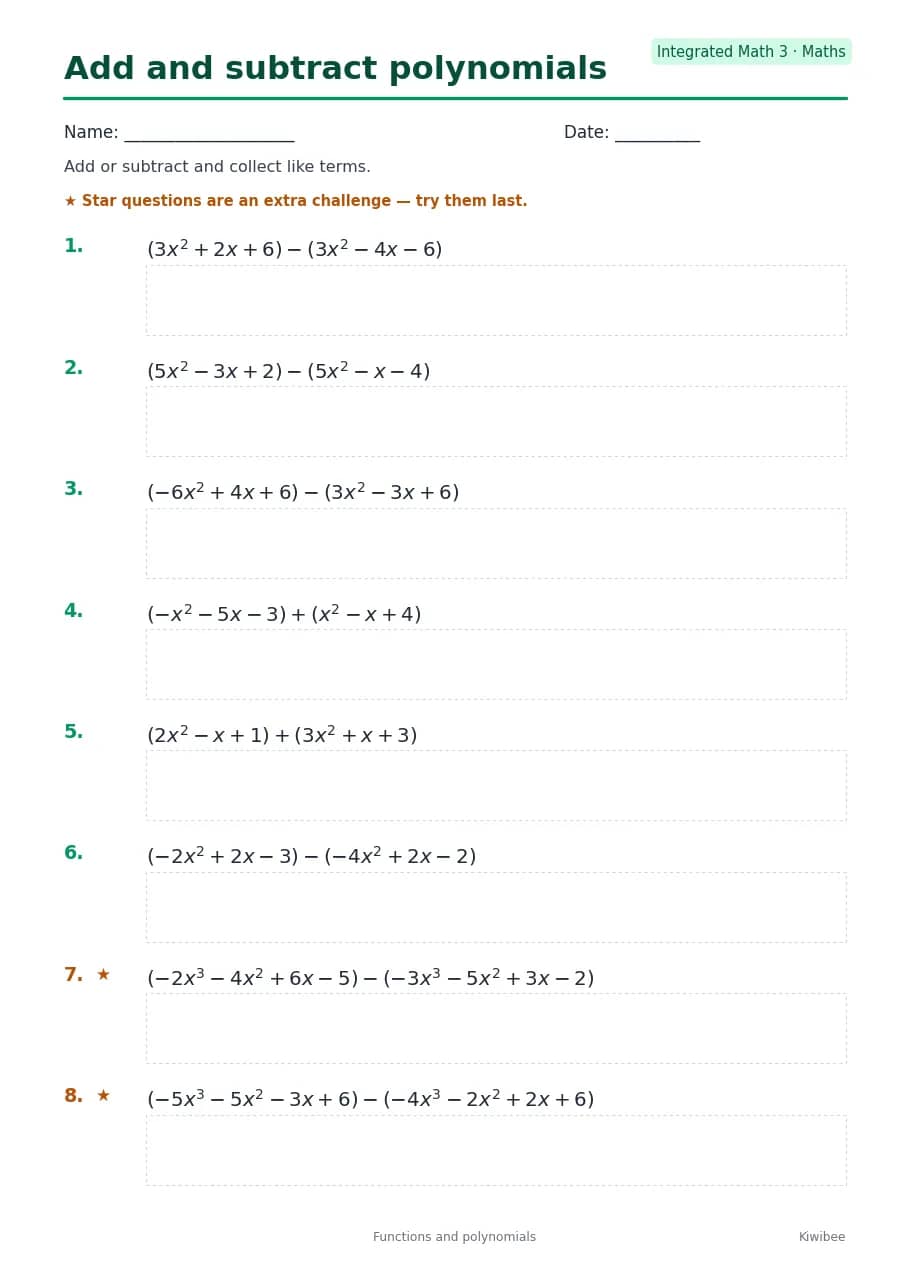 Add and subtract polynomials worksheet — Integrated Math 3