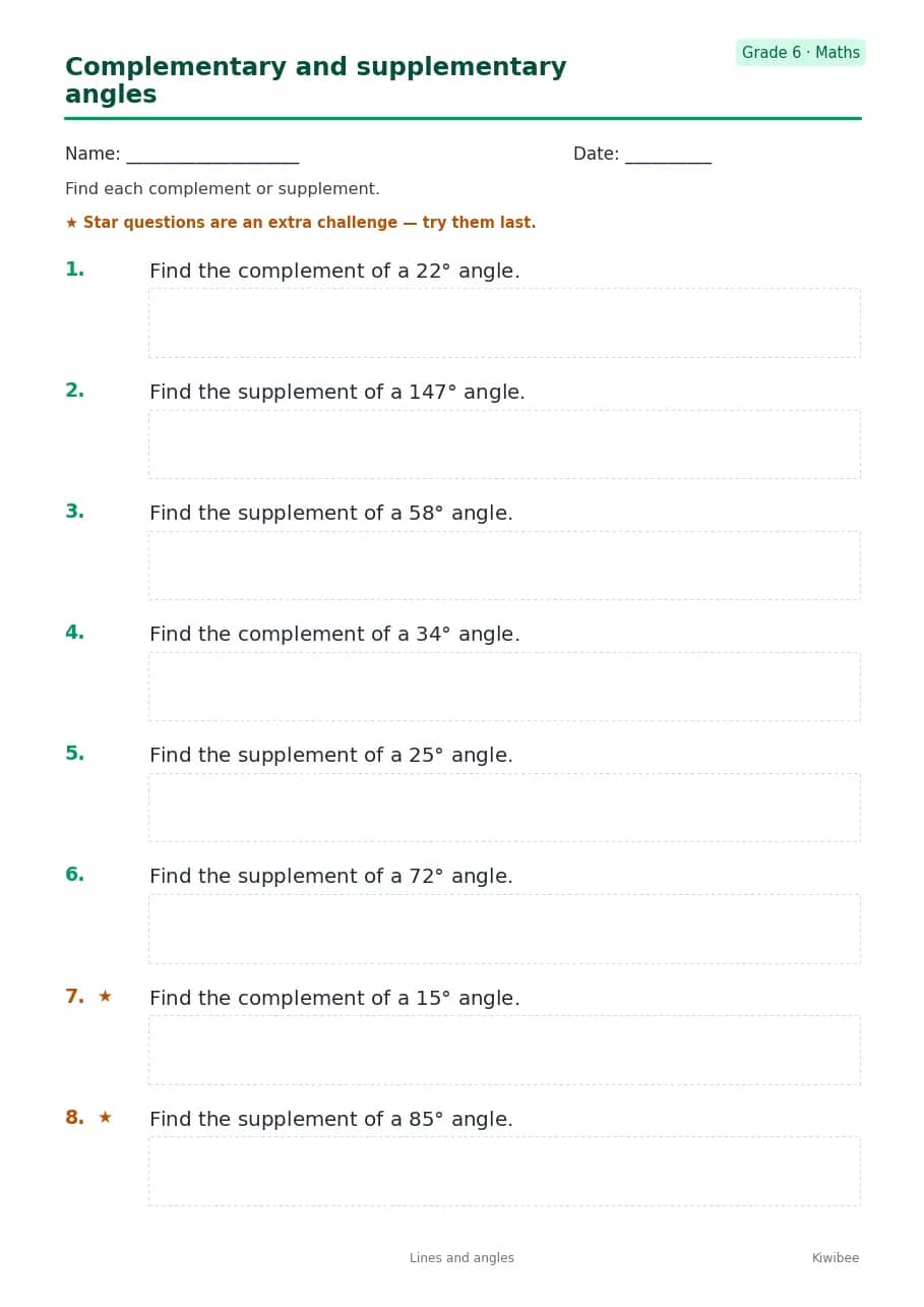 Complementary and supplementary angles worksheet — Grade 6