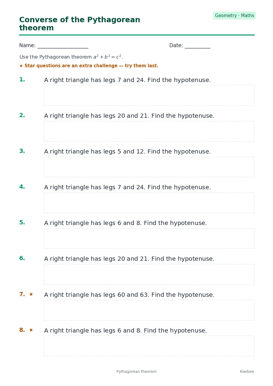 Converse of the Pythagorean theorem worksheet — Geometry