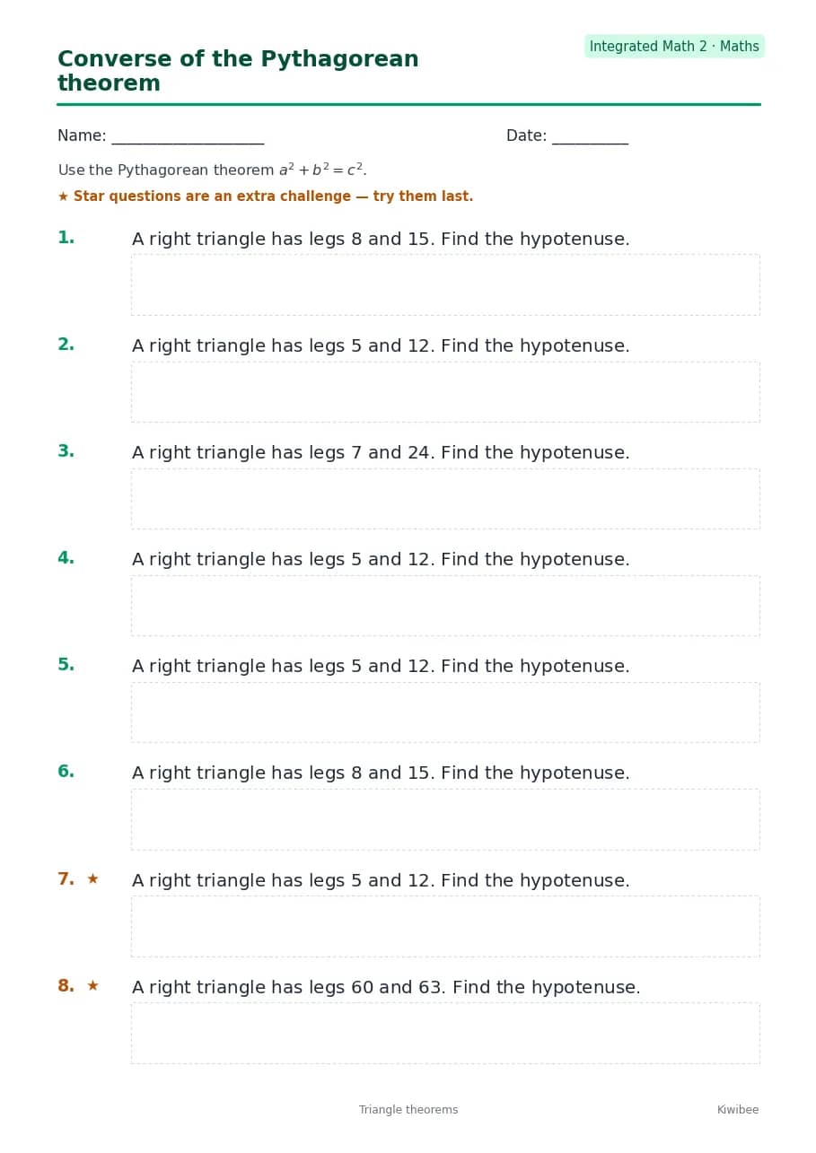 Converse of the Pythagorean theorem worksheet — Integrated Math 2