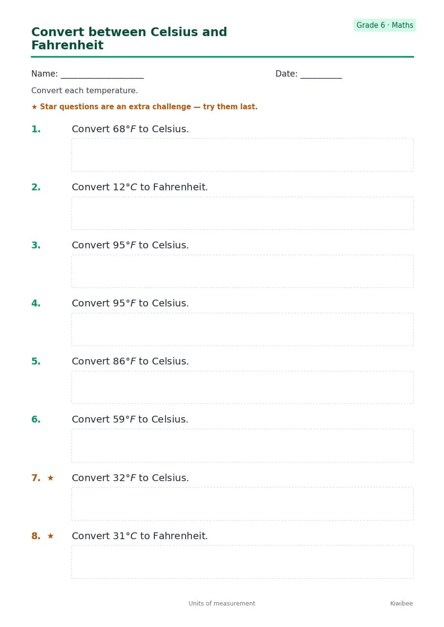 Convert between Celsius and Fahrenheit worksheet — Grade 6