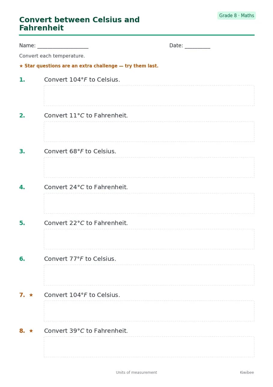 Convert between Celsius and Fahrenheit worksheet — Grade 8