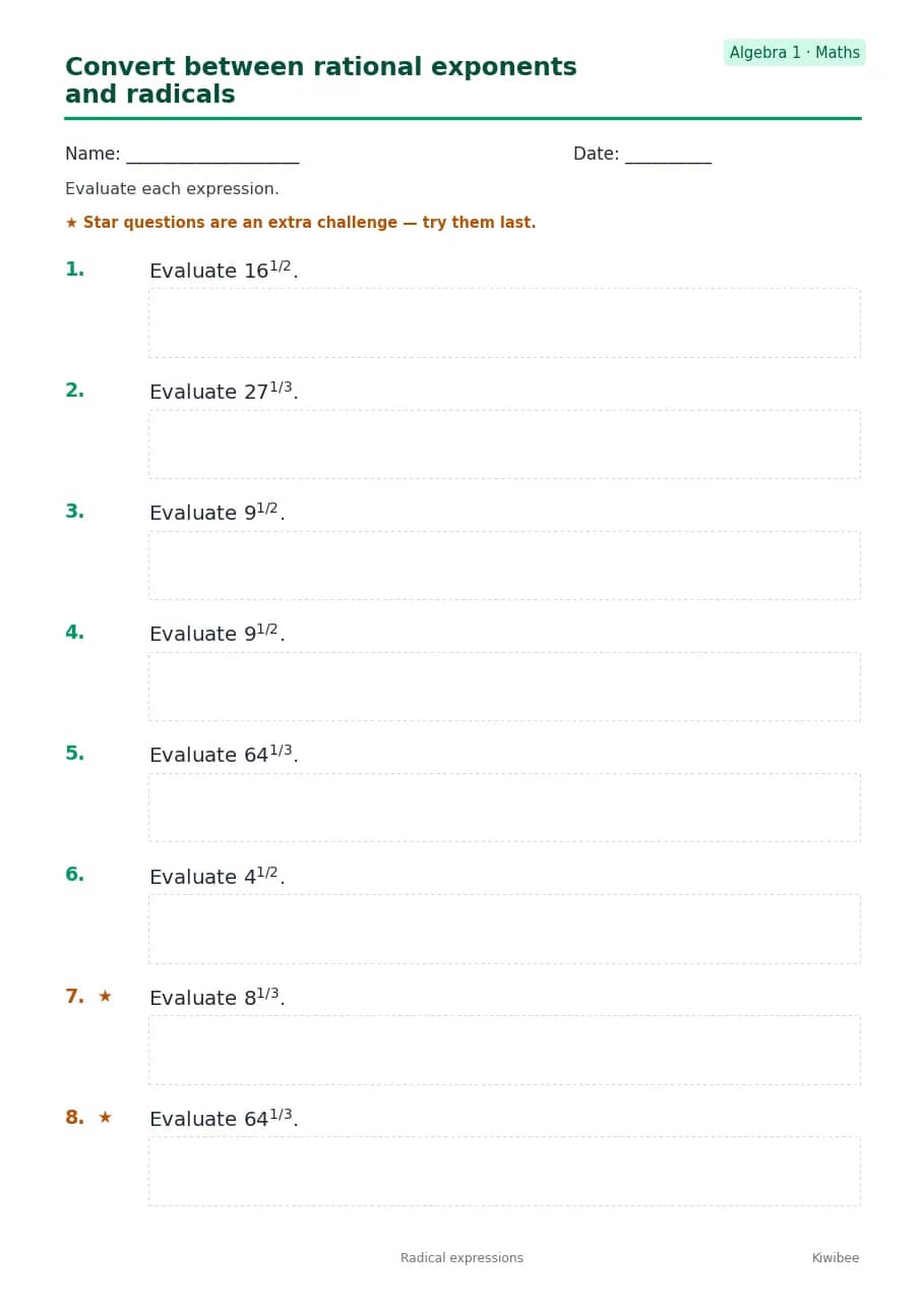 Convert between rational exponents and radicals worksheet — Algebra 1