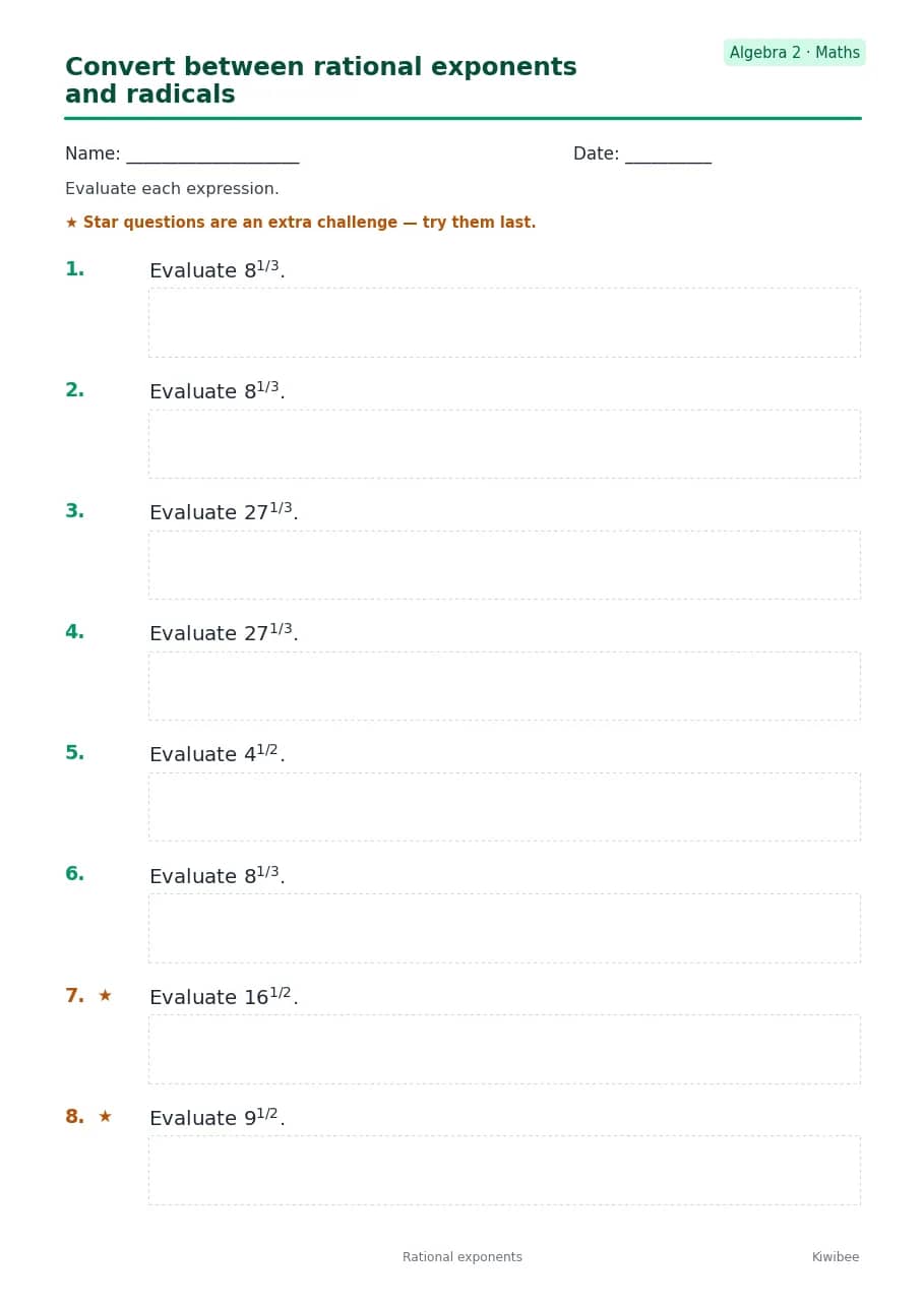 Convert between rational exponents and radicals worksheet — Algebra 2