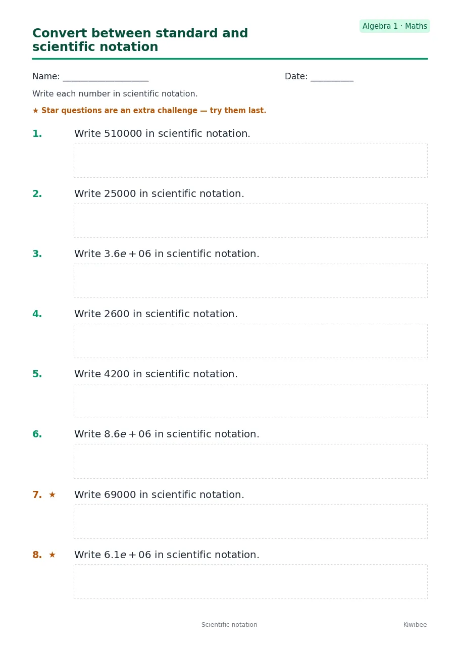 Convert between standard and scientific notation worksheet — Algebra 1