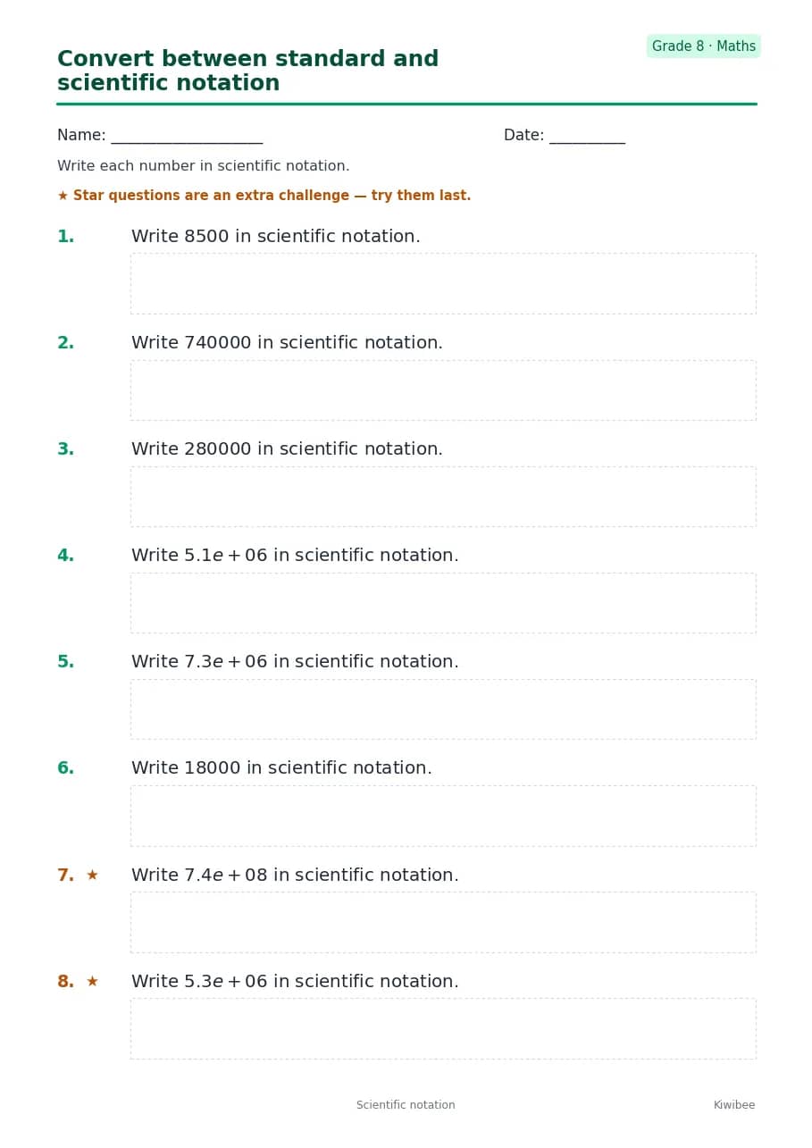 Convert between standard and scientific notation worksheet — Grade 8