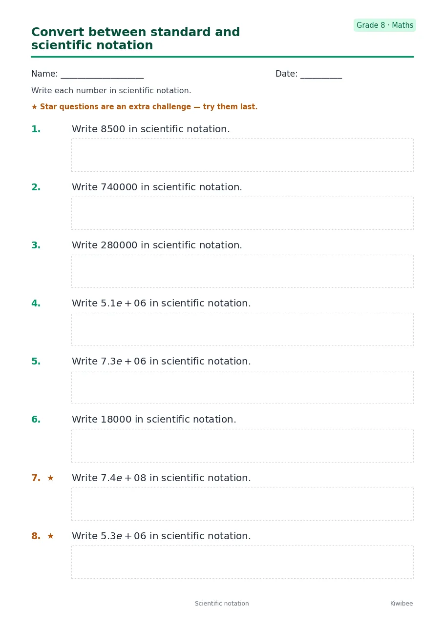 Convert between standard and scientific notation worksheet — Grade 8