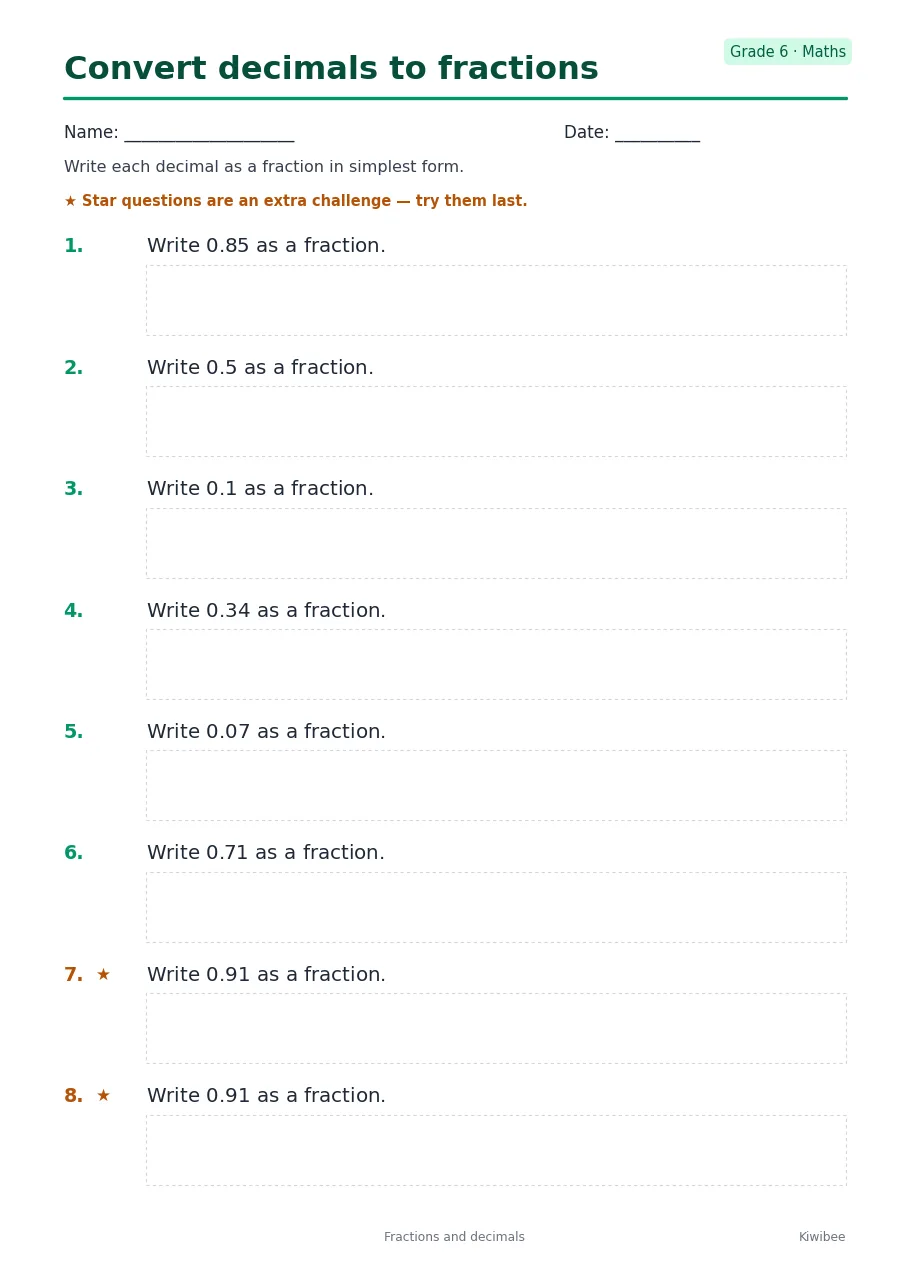 Convert decimals to fractions worksheet — Grade 6