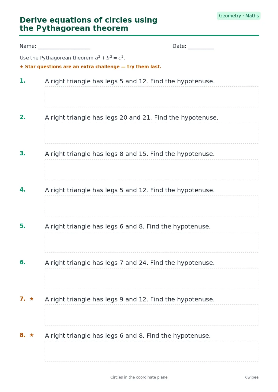 Derive equations of circles using the Pythagorean theorem worksheet — Geometry