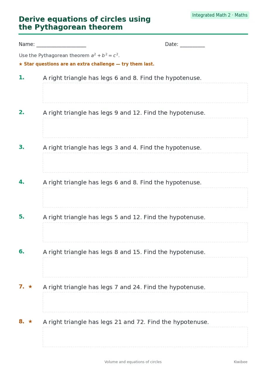 Derive equations of circles using the Pythagorean theorem worksheet — Integrated Math 2