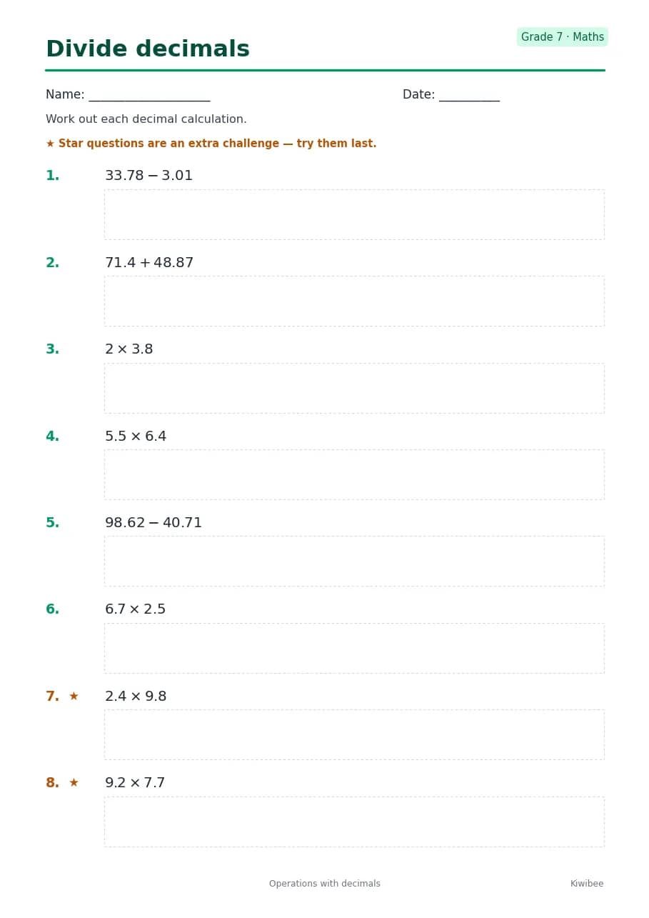 Divide decimals worksheet — Grade 7