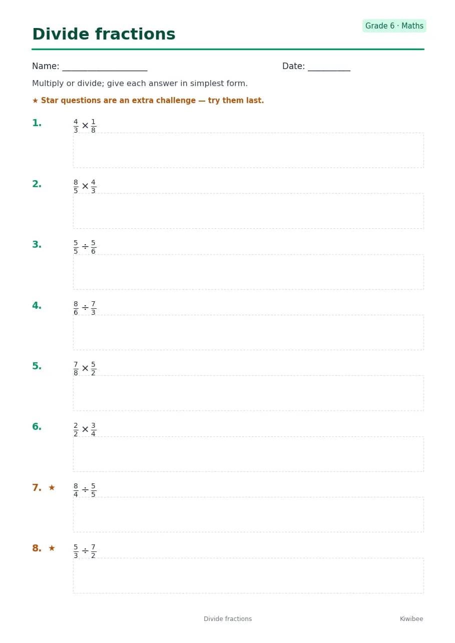Divide fractions worksheet — Grade 6